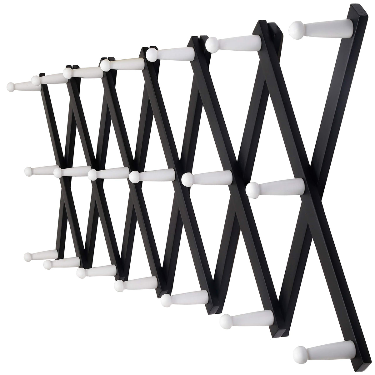 Dseap Accordian Wall Hanger: 16” High Wooden Wall Expandable Coat Rack, Hat Rack Holder, Accordion Hook for Baseball Caps, Coats, Mugs, 13 Peg Hooks, White