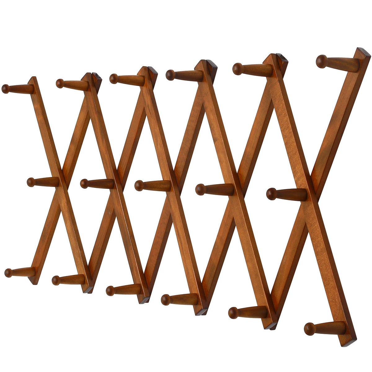 Dseap Accordian Wall Hanger: 16” High Wooden Wall Expandable Coat Rack, Hat Rack Holder, Accordion Hook for Baseball Caps, Coats, Mugs, 13 Peg Hooks, White