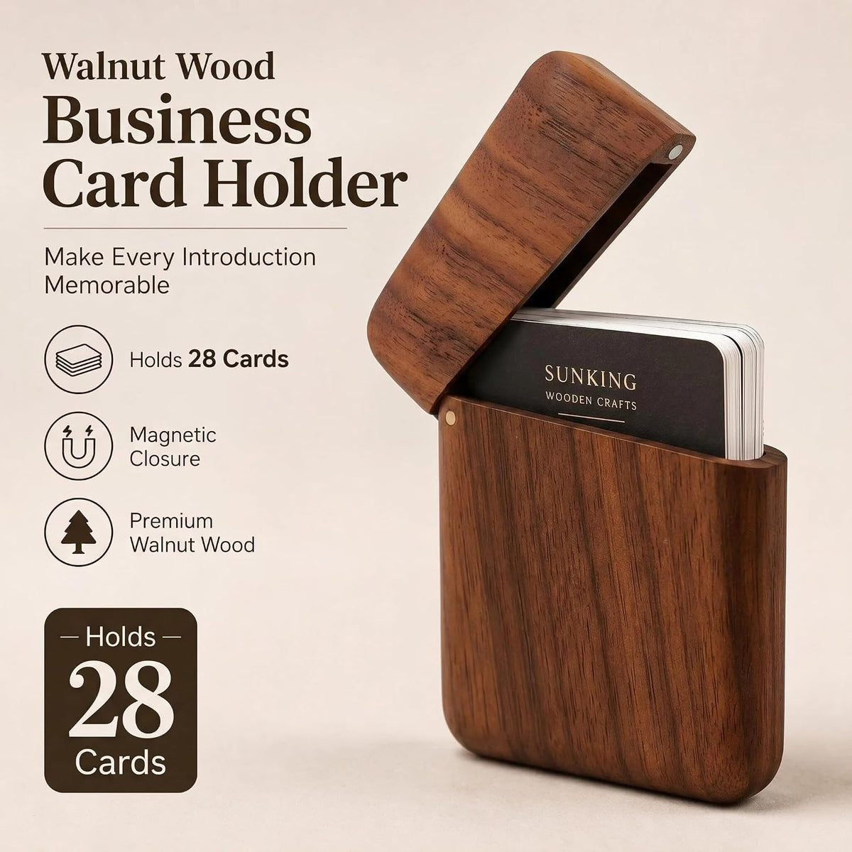 sunking Black Walnut Business Card Holder, Wooden Business Card Case for Men, Premium Executive Business Card Box for Office, Professional Card Holder for Work