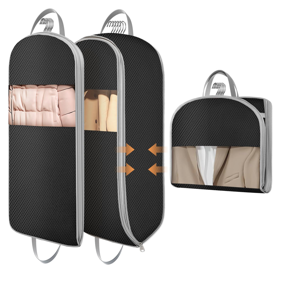 DIMJ 4 Pack 43" Compression Garment Bags for Hanging Clothes With Carry Handles and Window, Space Saving Washable Suit Bag for Dress, Clothes, Coats, Down Jacket, Closet Storage, Moving, Travel
