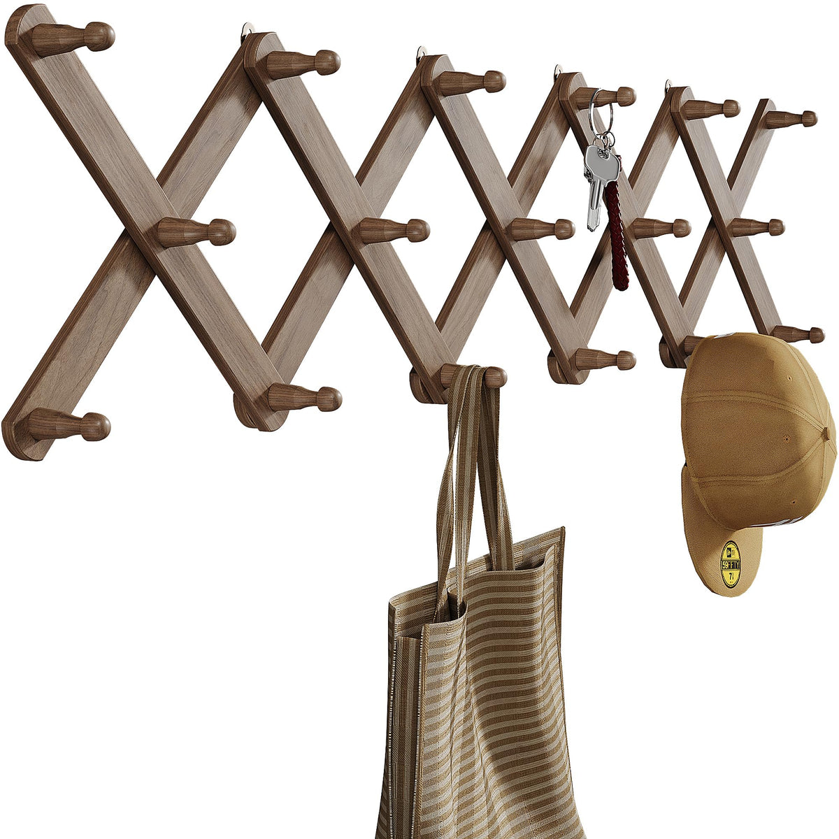 OROPY Accordion Wall Hanger with 14 Pegs, Expandable Wooden Coat & Hat Rack