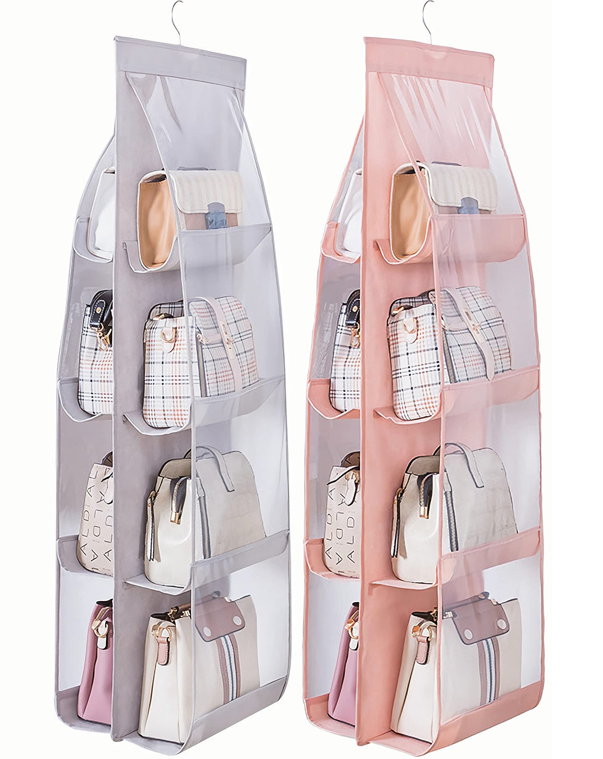 AARAINBOW Hanging Handbag Organizer for Closet, 8-Pocket Purse Storage Holder, Space-Saving Wardrobe Organizer for Women, 44.5"L x 13.5"W (A-White)