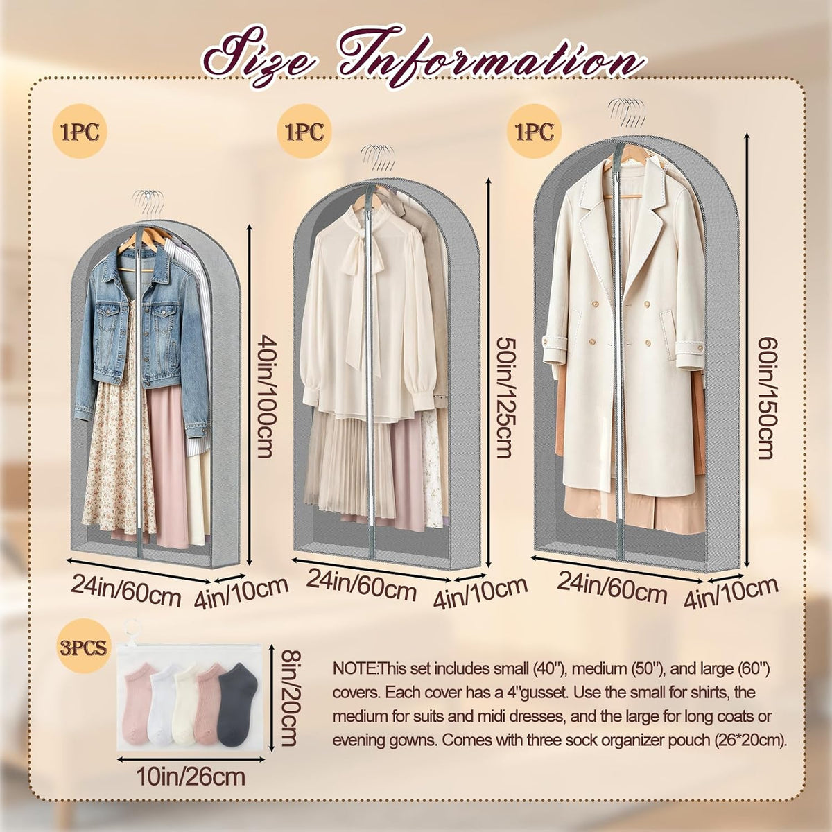 3 Pcs Breathable PEVA Hanging Garment Bags With Sock Pouches