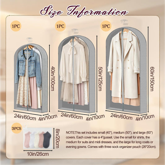 3 Pcs Breathable PEVA Hanging Garment Bags With Sock Pouches
