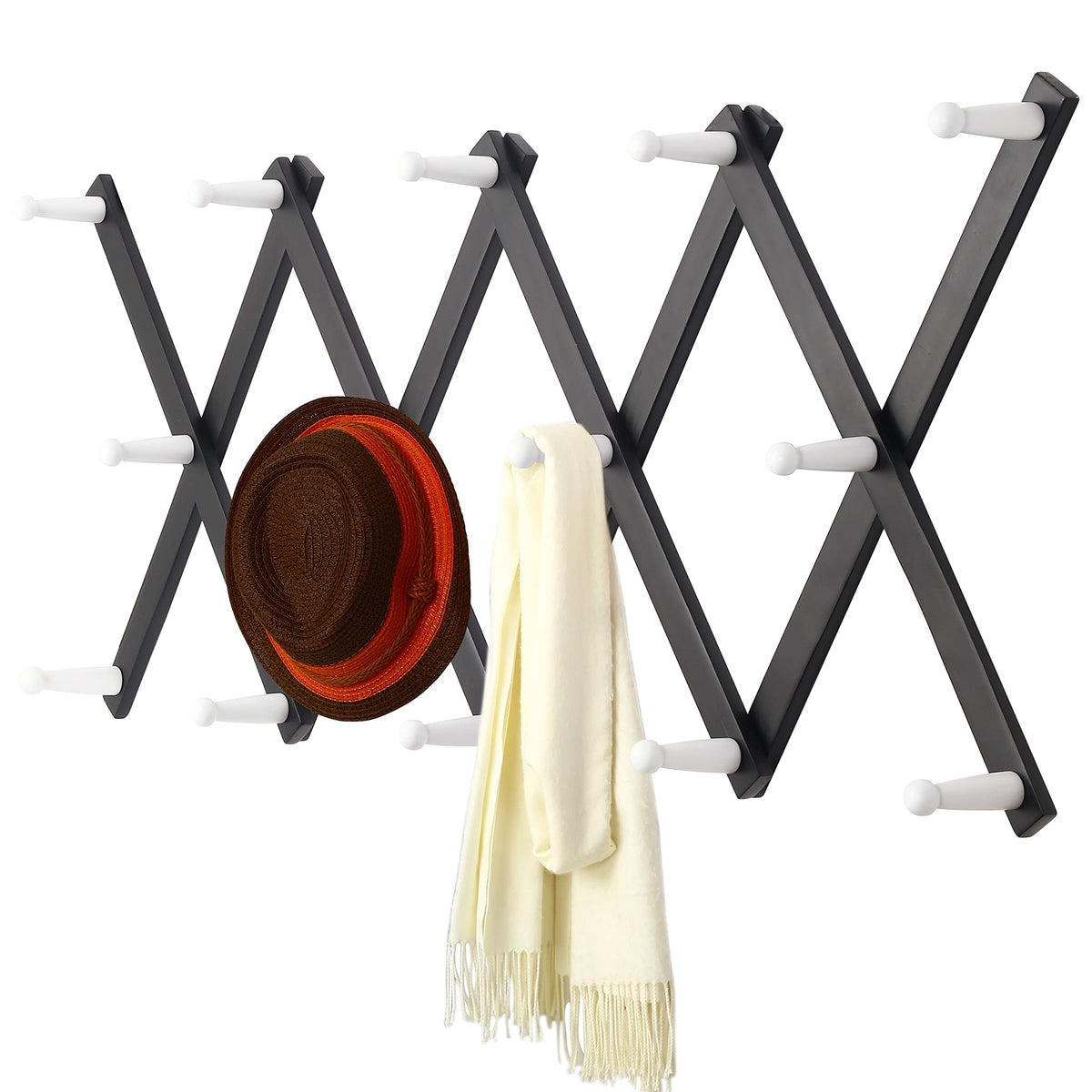 Dseap Accordian Wall Hanger: 16” High Wooden Wall Expandable Coat Rack, Hat Rack Holder, Accordion Hook for Baseball Caps, Coats, Mugs, 13 Peg Hooks, White