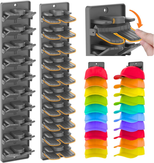 Hat Organizer for Baseball Caps 2 Packs with Built-in Spring Clips - Wall Mount Closet Hat Rack Holder,Storage for Door/Closet Display Hat Racks Hanger (Strong Adhesive & Screws) Matte Black.