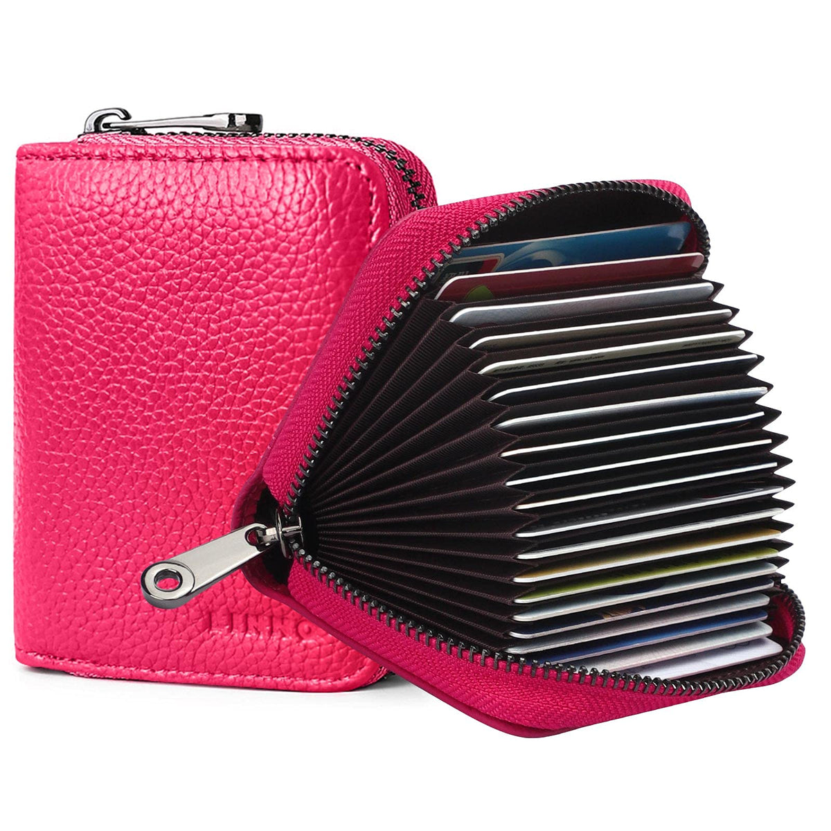 Linno RFID 20 Slots Credit Card Holder Genuine Leather Small Wallet for Women or Men with Zipper