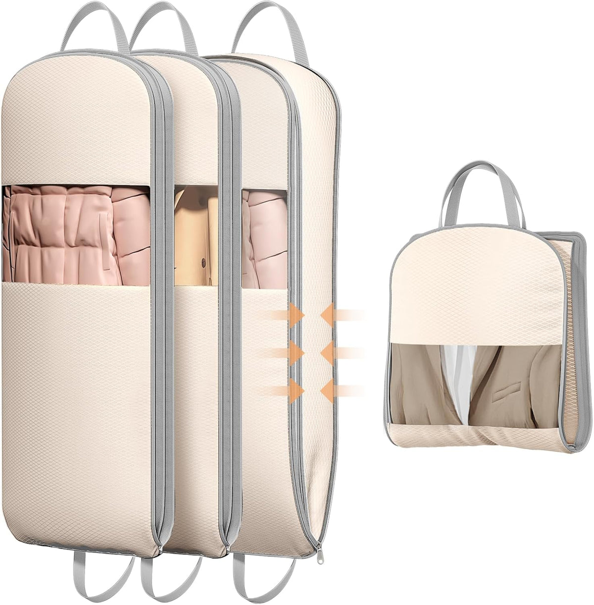 DIMJ 4 Pack 43" Compression Garment Bags for Hanging Clothes With Carry Handles and Window, Space Saving Washable Suit Bag for Dress, Clothes, Coats, Down Jacket, Closet Storage, Moving, Travel