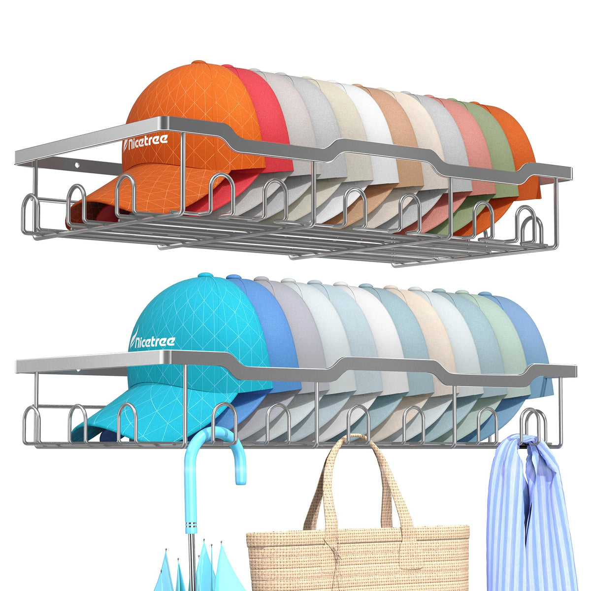 Nicetree Hat Racks for Base ball Caps Wall - Metal Hat Organizer for 48 Baseball Caps Holder, 2 Pack Baseball Hat Storage Organizer for Closet, Bedroom, Living Room
