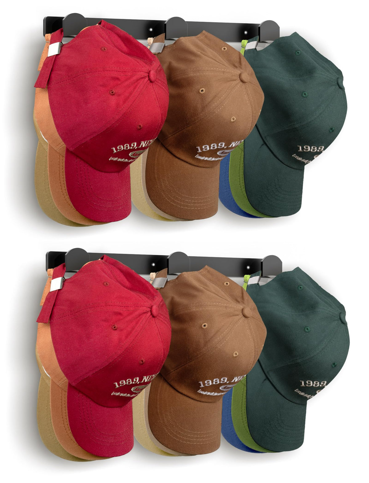 KIMBORA 2 Packs Hat Rack for Wall, Hat Organizer for Baseball Caps, 3 Mounting Options Cap Hook Hanger, Strong Snapback Holder Storage Display for Door, Room, Closet (Black)