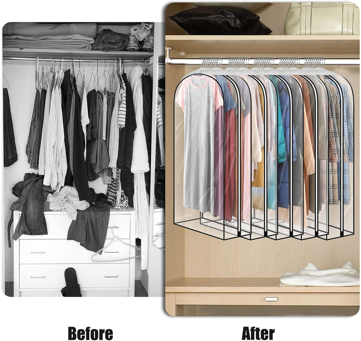 5 Pack 60" All Clear Garment Bags for Hanging Clothes Storage, 10" Gusseted Large Capacity Garment Rack Cover, Large Hanging Clothing Bag for Dress Gowns, Coats, Suit, Down Jacket