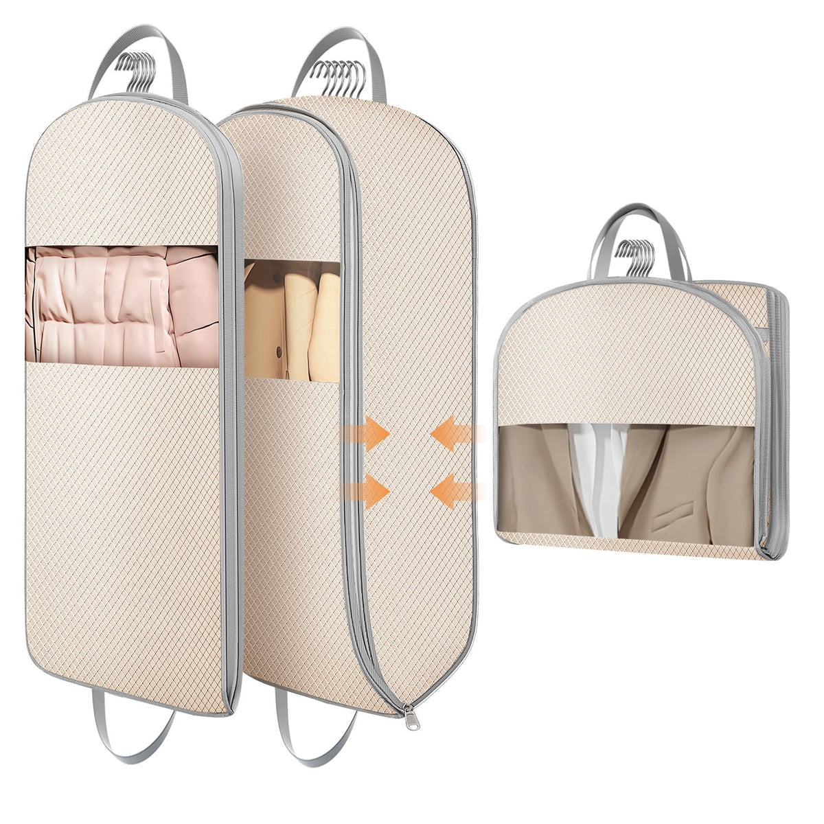 DIMJ 4 Pack 43" Compression Garment Bags for Hanging Clothes With Carry Handles and Window, Space Saving Washable Suit Bag for Dress, Clothes, Coats, Down Jacket, Closet Storage, Moving, Travel