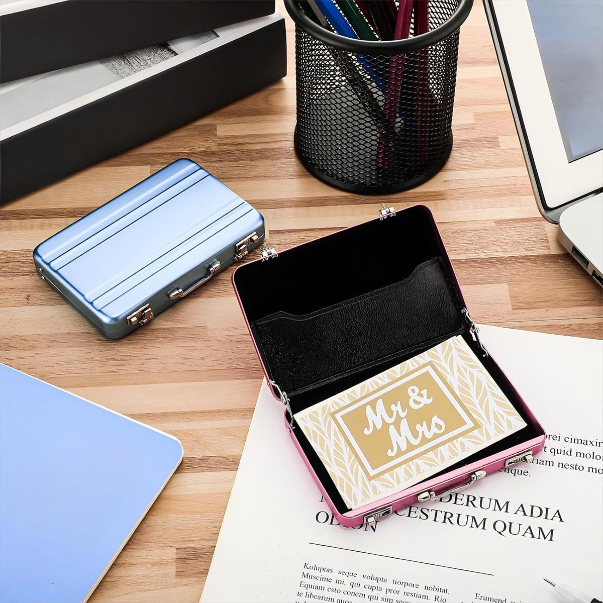 Oudain 2 Pcs Mini Briefcase Business Card Holder Case,Pink, Blue