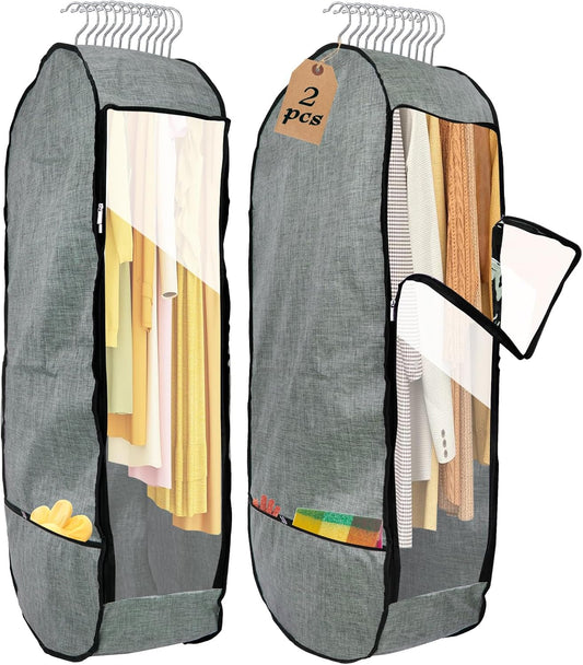 2PCS 50”Garment Bags for Hanging Clothes,Chakera Large Breathable Garment Bag for Closet Storage with 10”Gusseted,Clear Clothing Storage Garment Cover for Dress Sweater with Double Zipper,Grey