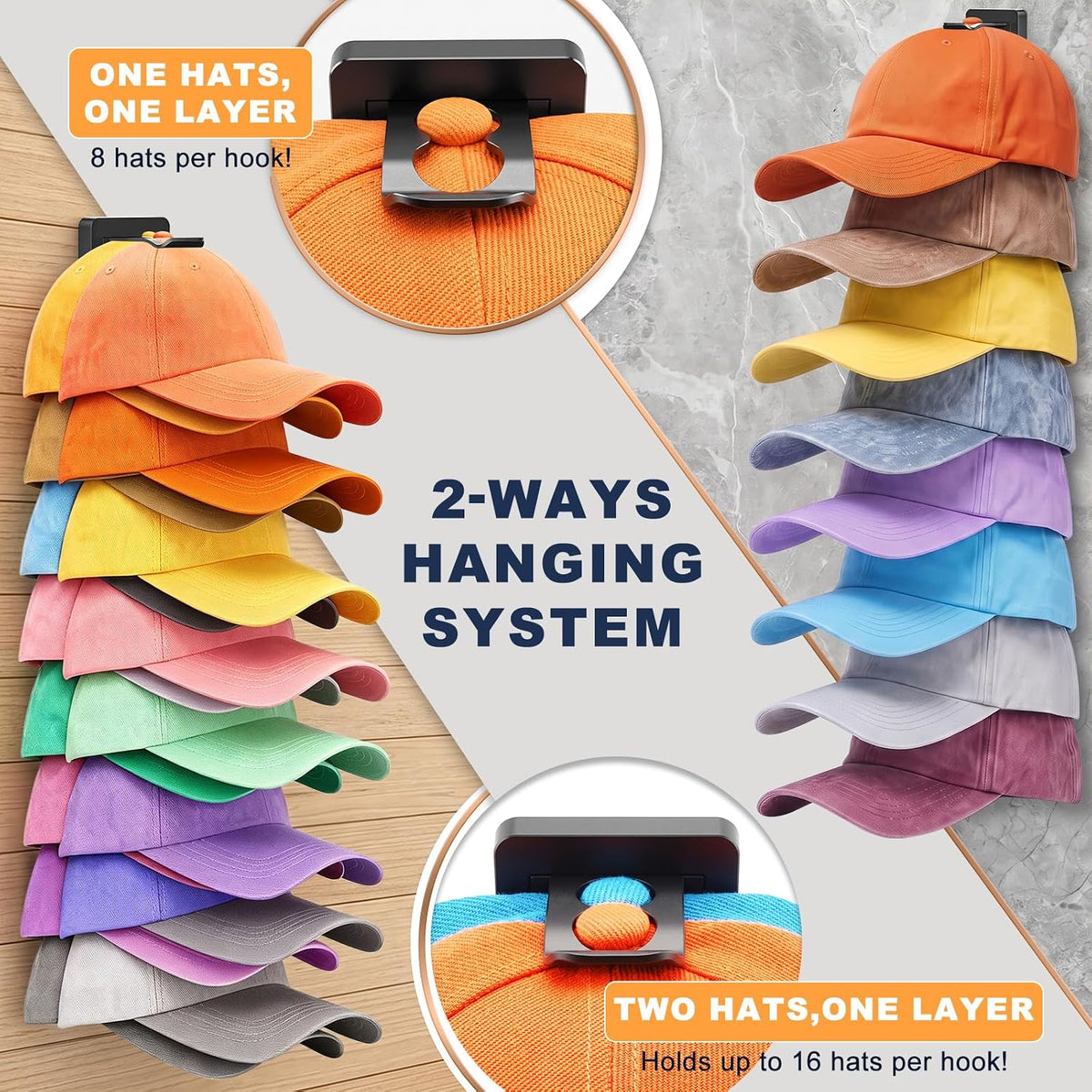 2 Pack Hat Organizer for Baseball Caps, Hat Rack Storage Hold 32 Cap Closet