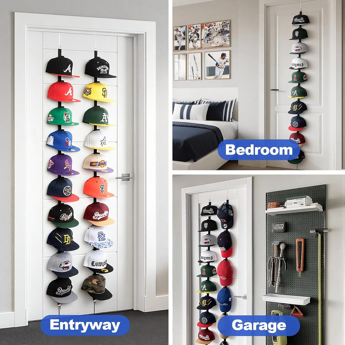Over-the-Door Hat Organizer for Baseball Caps, Button & Strap 2-Way Hanging