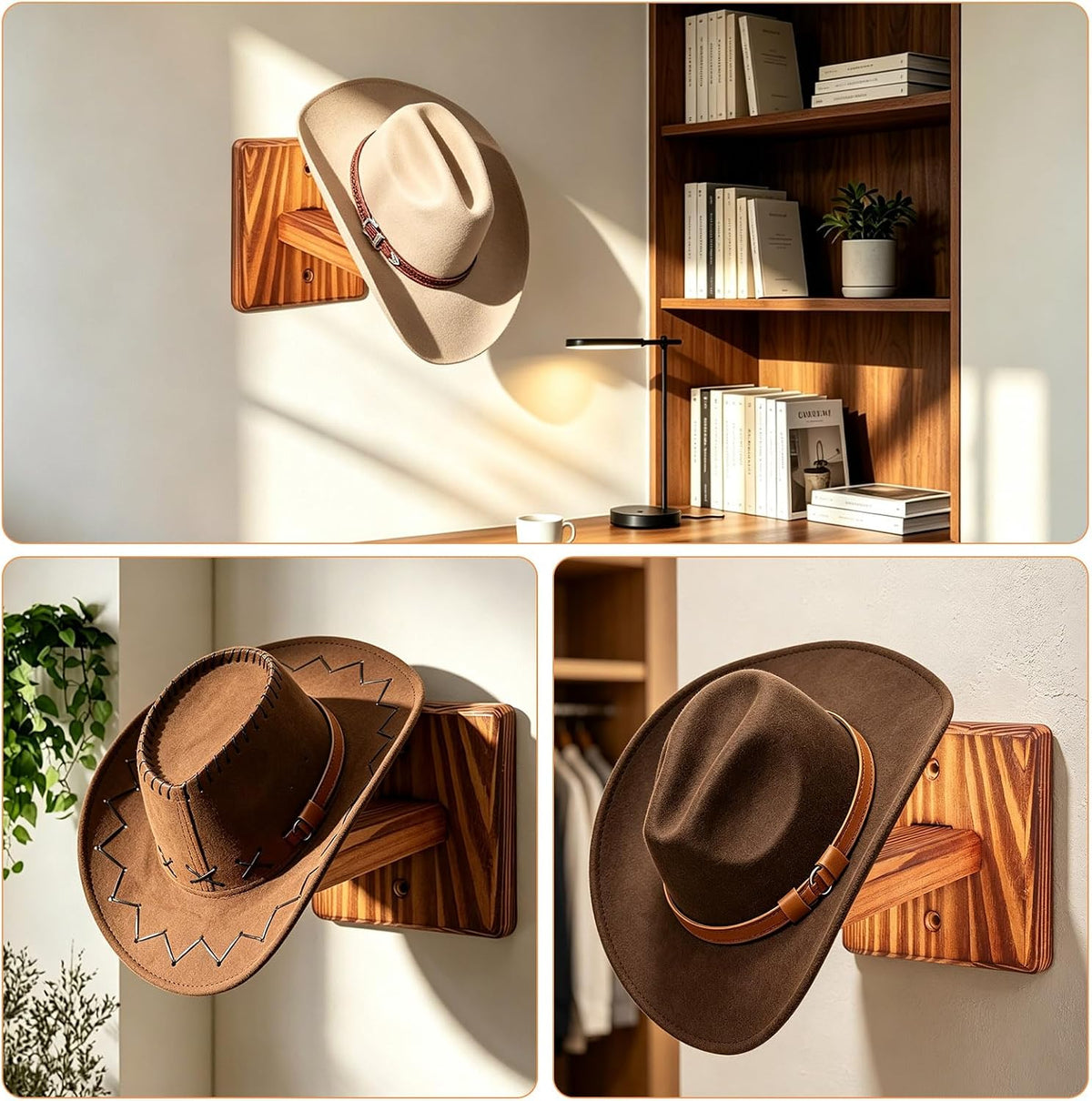 Wall Mount Cowboy Hat Rack 2 Pack Solid Wood Hat Hook
