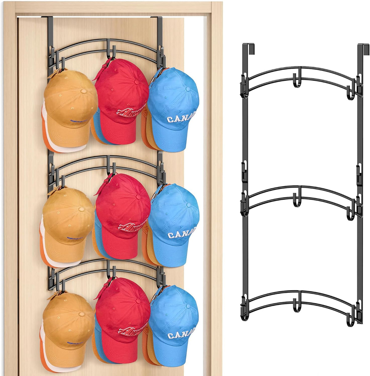 AOODA Space Saving Over the Door Hat Rack for Baseball Caps, Holds up to 27 Caps Metal Hat Organizer with 9 Hooks, Hanging Hat Holder Hanger for Closet, Bedroom (Black)
