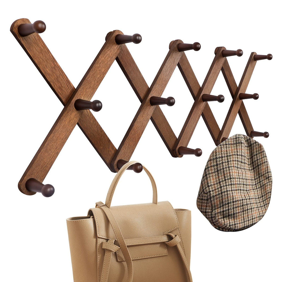OROPY Accordion Wall Hanger with 14 Pegs, Expandable Wooden Coat & Hat Rack