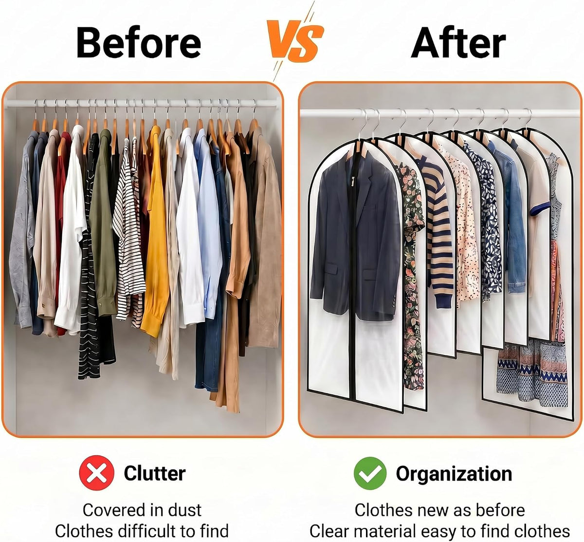 12 Pack Garment Bag with Zipper, 24 x 40inch Clear Garment Bags for Hanging Clothes, HKKZYT Durable PEVA Suit Storage Covers for Closet and Travel