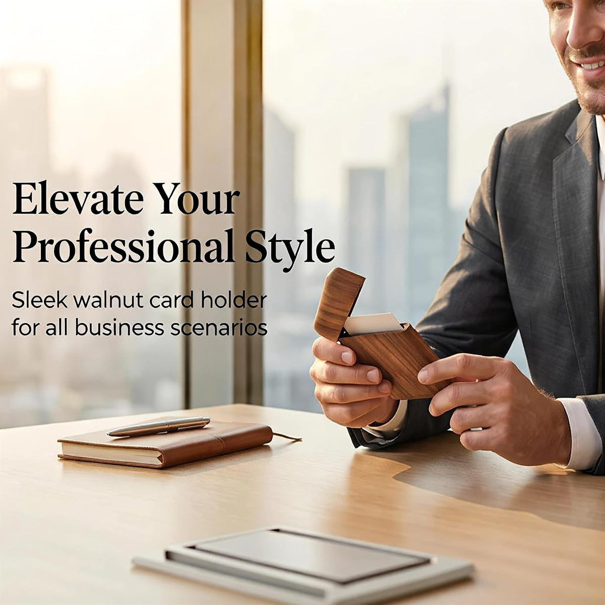 sunking Black Walnut Business Card Holder, Wooden Business Card Case for Men, Premium Executive Business Card Box for Office, Professional Card Holder for Work