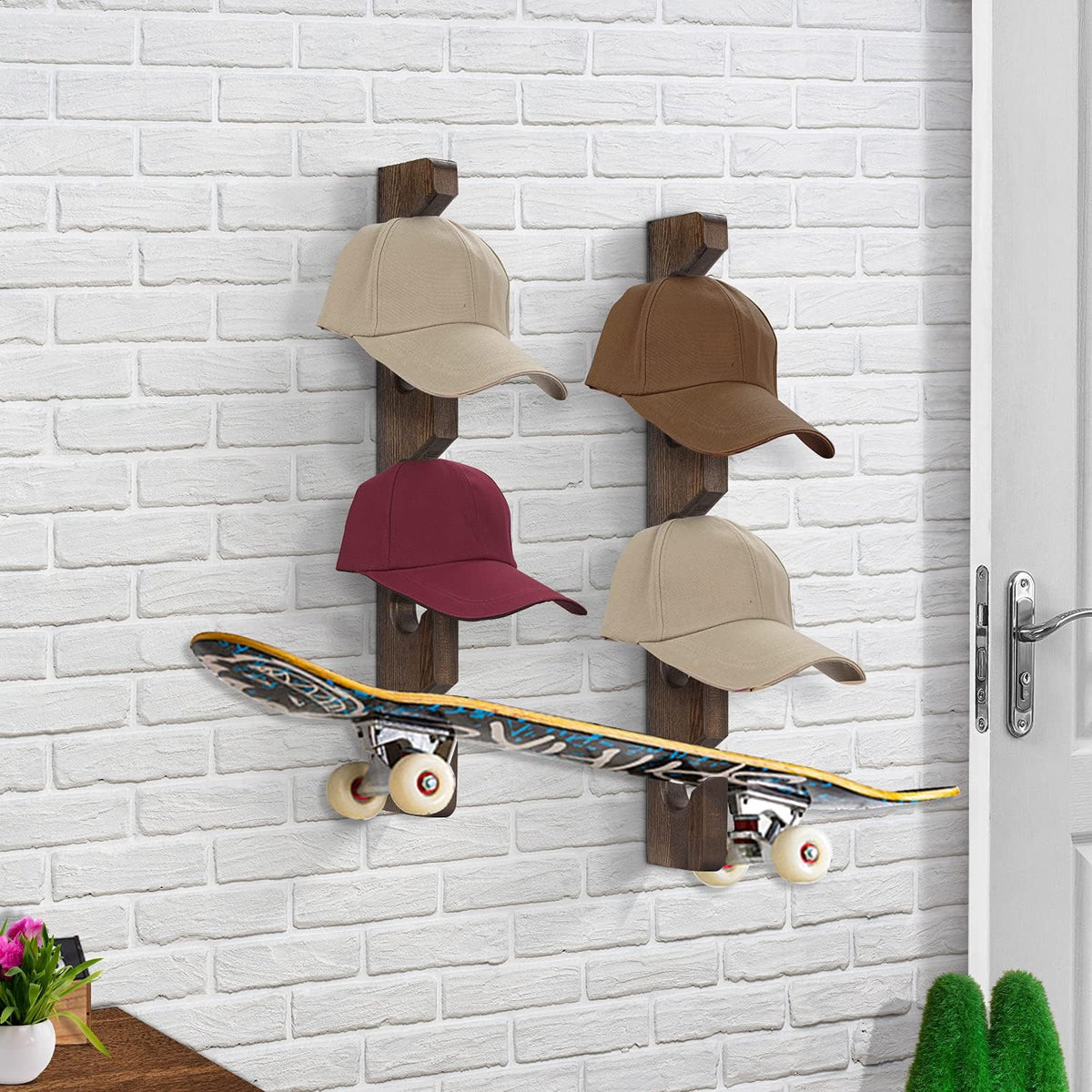 Hat Rack for Wall Baseball Cap Organizer Hanger (2 Pack) Modern Wooden Hat Holder Wall-Mounted Caps Display for Closet Door Bedroom Entryroom Laundry (Brown) …