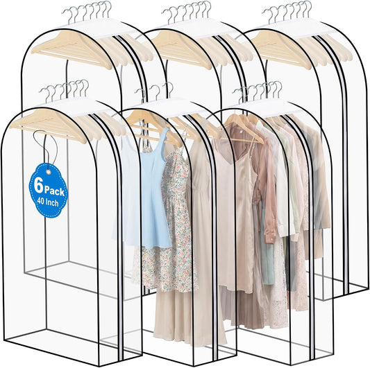 6 Pack Clear Garment Bags for Hanging Clothes 40" 10" Gusset Closet Storage