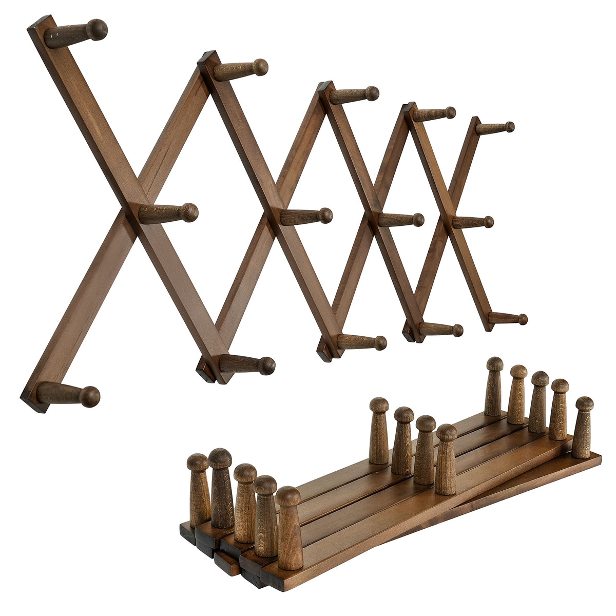 SKOLOO Hat Rack for Wall with 14 Hooks, Solid Wooden, Modern, Expandable Coat Rack Wall Mount for Coats, Hats, Bags, Baseball Caps, Walnut Color