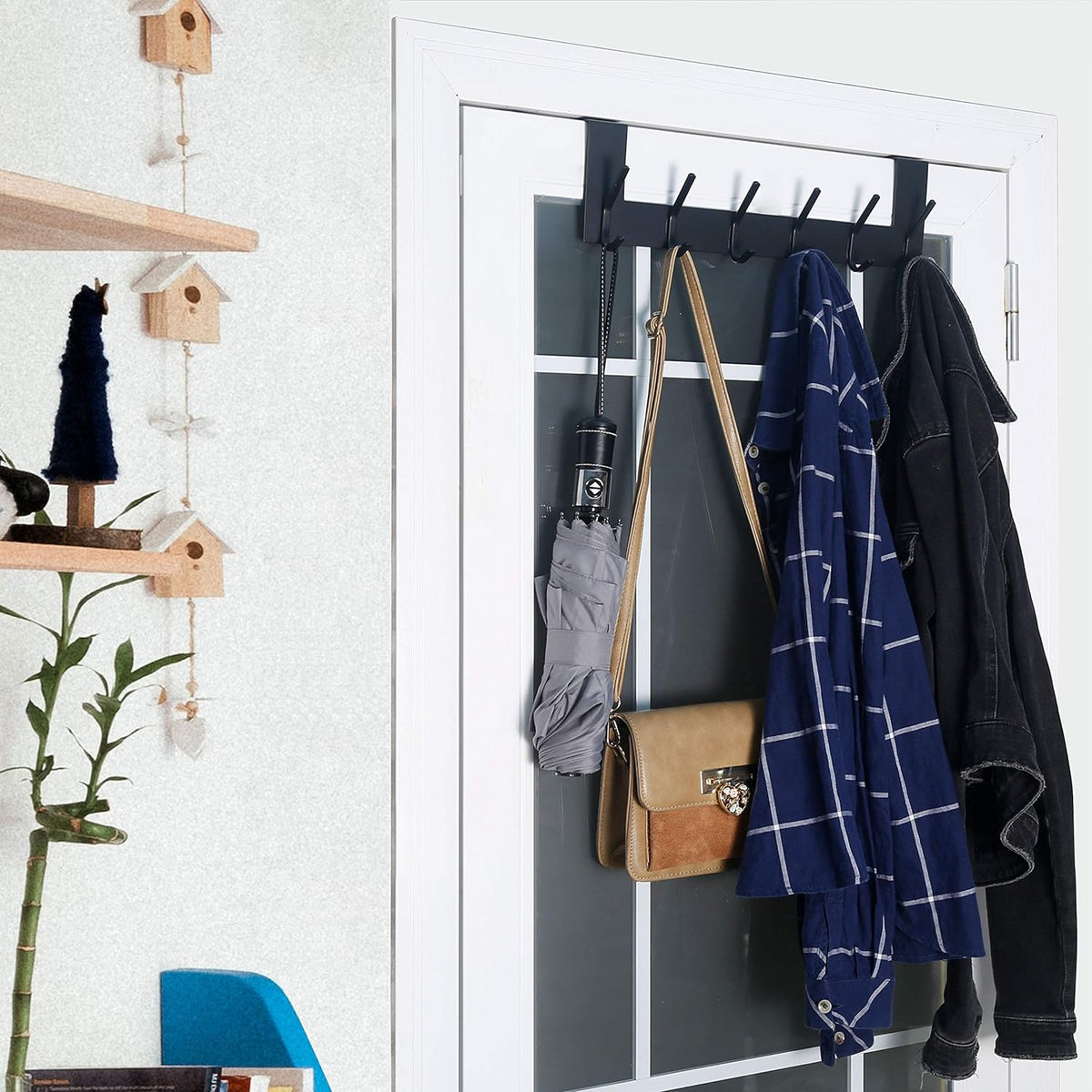 WEBI Over The Door Hooks Door Hanger,Over The Door Towel Rack with 6 Hooks for Hanging,Door Coat Towel Hanger Door Coat Rack,Black