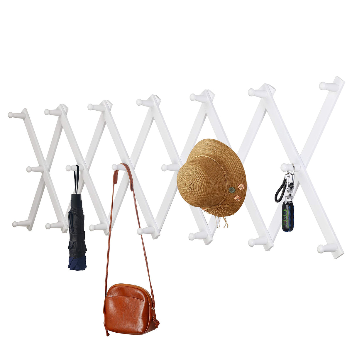 Dseap Accordian Wall Hanger: 16” High Wooden Wall Expandable Coat Rack, Hat Rack Holder, Accordion Hook for Baseball Caps, Coats, Mugs, 13 Peg Hooks, White