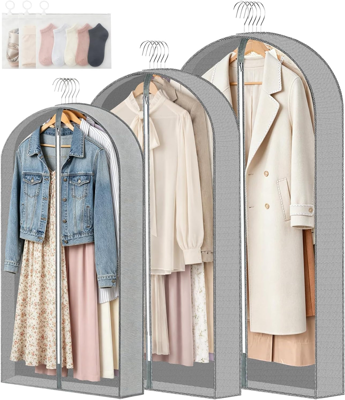 3 Pcs Breathable PEVA Hanging Garment Bags With Sock Pouches