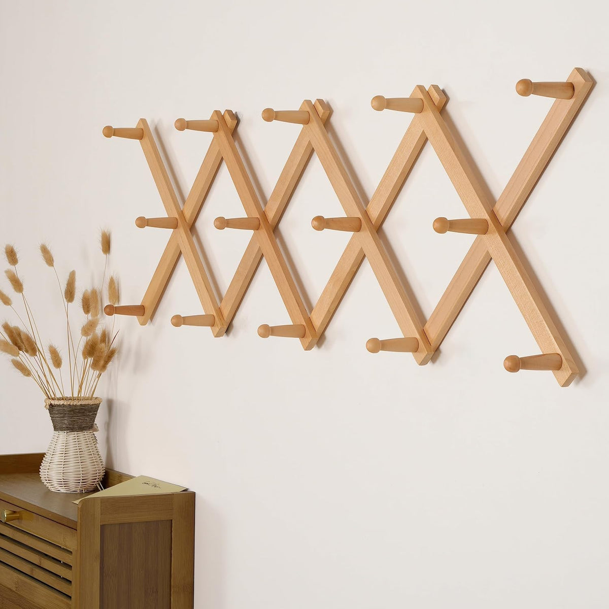 SKOLOO Hat Rack for Wall with 14 Hooks, Solid Wooden, Modern, Expandable Coat Rack Wall Mount for Coats, Hats, Bags, Baseball Caps, Natural Color