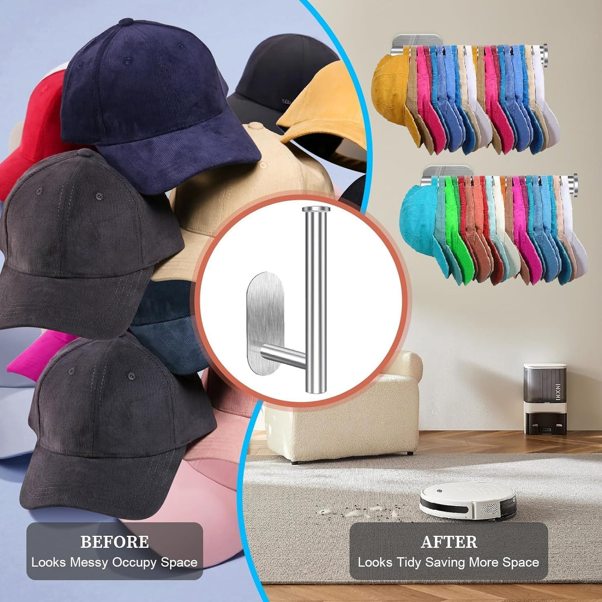 Eiito 2 Pack Hat Racks for Baseball Caps, Stainless Steel Hat Organizer for Baseball Cap, Hat Holder Storage Organizer, Hat Hanger Strong Adhesive/Wall for Door,Closet(Silver)