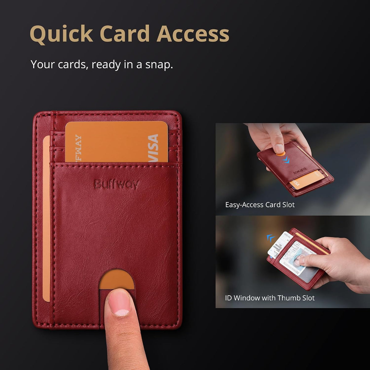 Buffway Slim Minimalist Front Pocket RFID Blocking Leather Wallets for Men and Women - Alaska Cherry