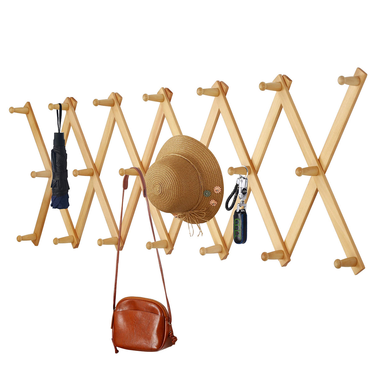 Dseap Accordian Wall Hanger: 16” High Wooden Wall Expandable Coat Rack, Hat Rack Holder, Accordion Hook for Baseball Caps, Coats, Mugs, 13 Peg Hooks, White