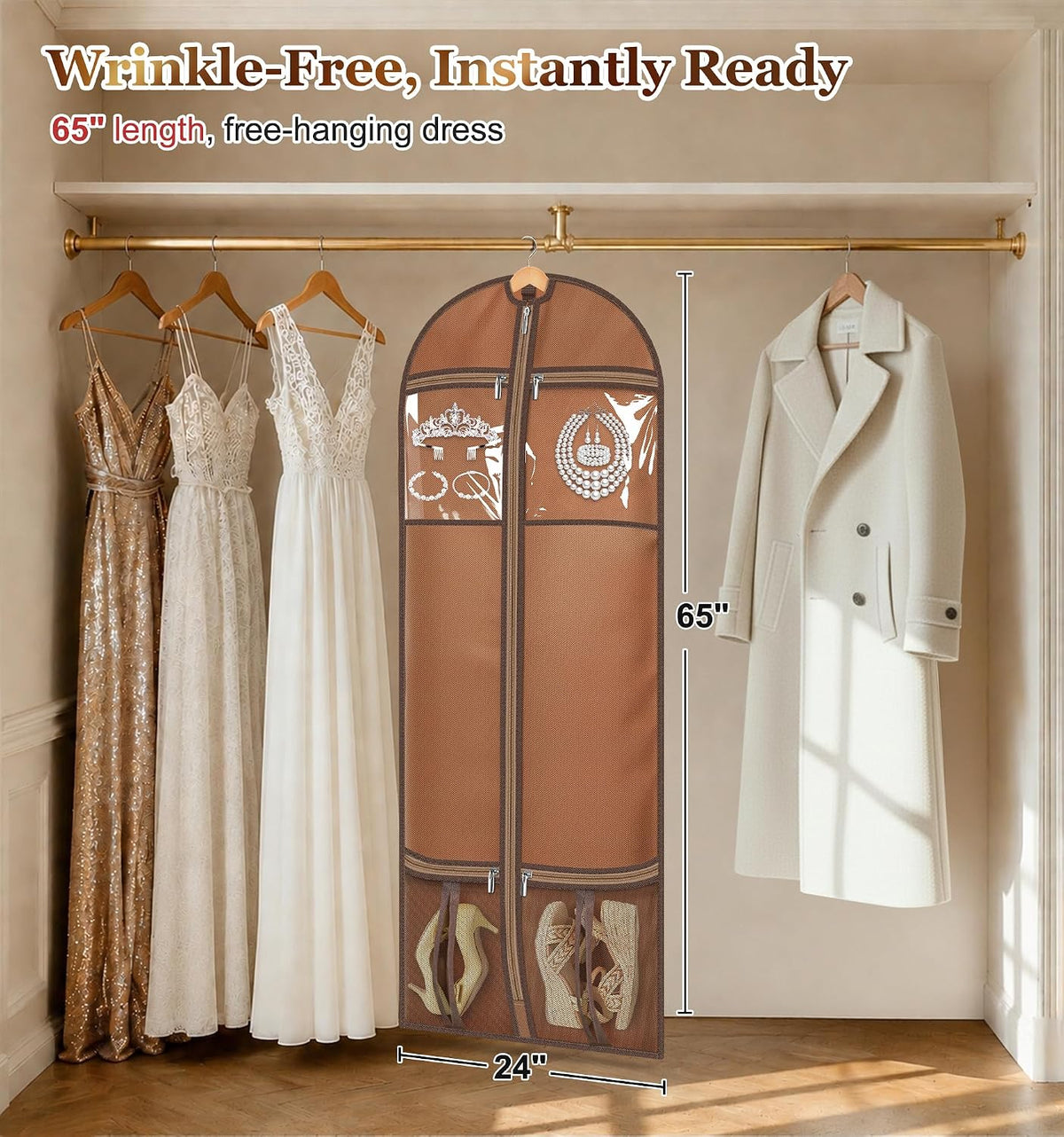 MISSLO 65" Dress Bags for Gowns Long with 4 Large Pockets Garment Bags for Travel for Women Heavy Duty Wedding Dress Bag for Hanging Clothes Garment Covers, Beige