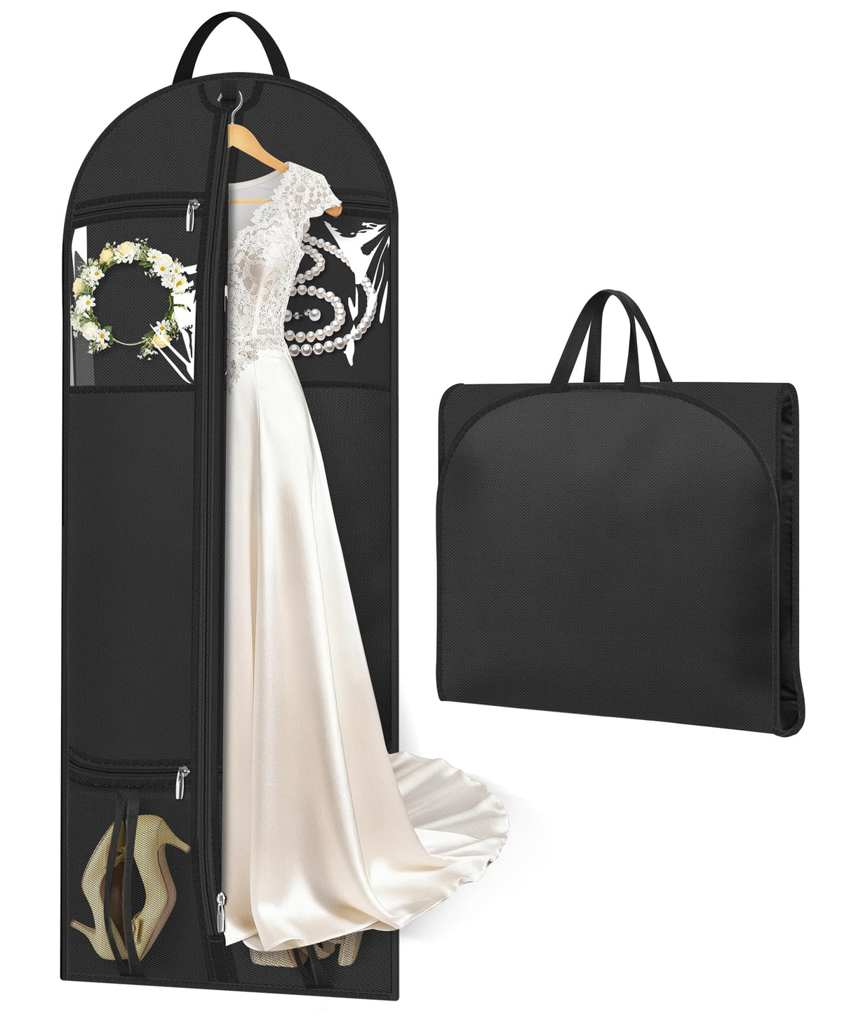 MISSLO 65" Dress Bags for Gowns Long with 4 Large Pockets Garment Bags for Travel for Women Heavy Duty Wedding Dress Bag for Hanging Clothes Garment Covers, Beige