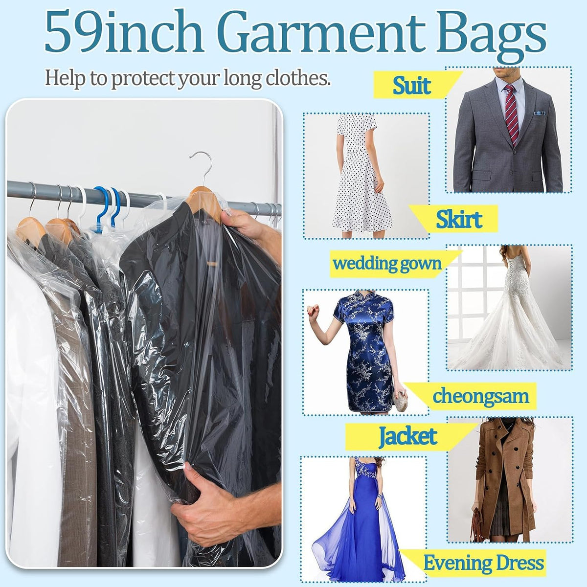 100 Pack Garment Bags for Hanging Clothes 59" Plastic Clear Garment Bags Dry Cleaner Bags Transparent Dust-proof Clothes Covers Bags for Closet Storage, Dry Cleaner, Travel
