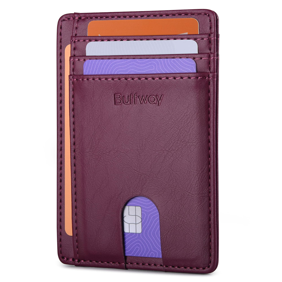 Buffway Slim Minimalist Front Pocket RFID Blocking Leather Wallets for Men and Women - Alaska Cherry