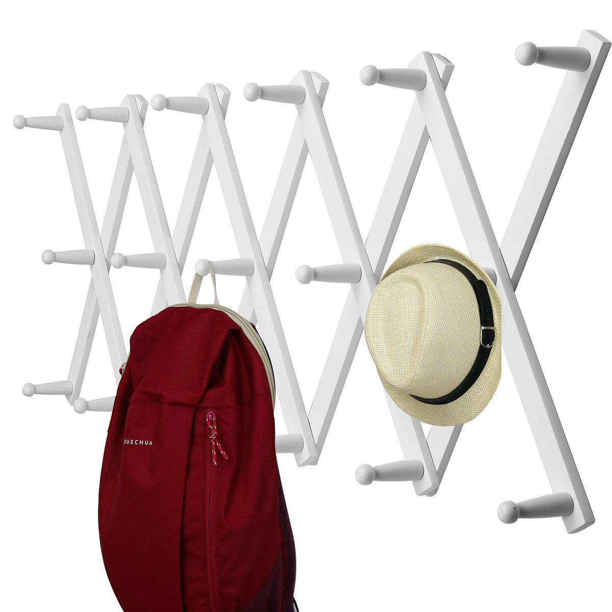 WEBI Accordion Wall Hanger, Wooden Coat Rack Wall Mounted, Hat & Cap Hook Rack, 16 Peg Hooks, Walnut Color