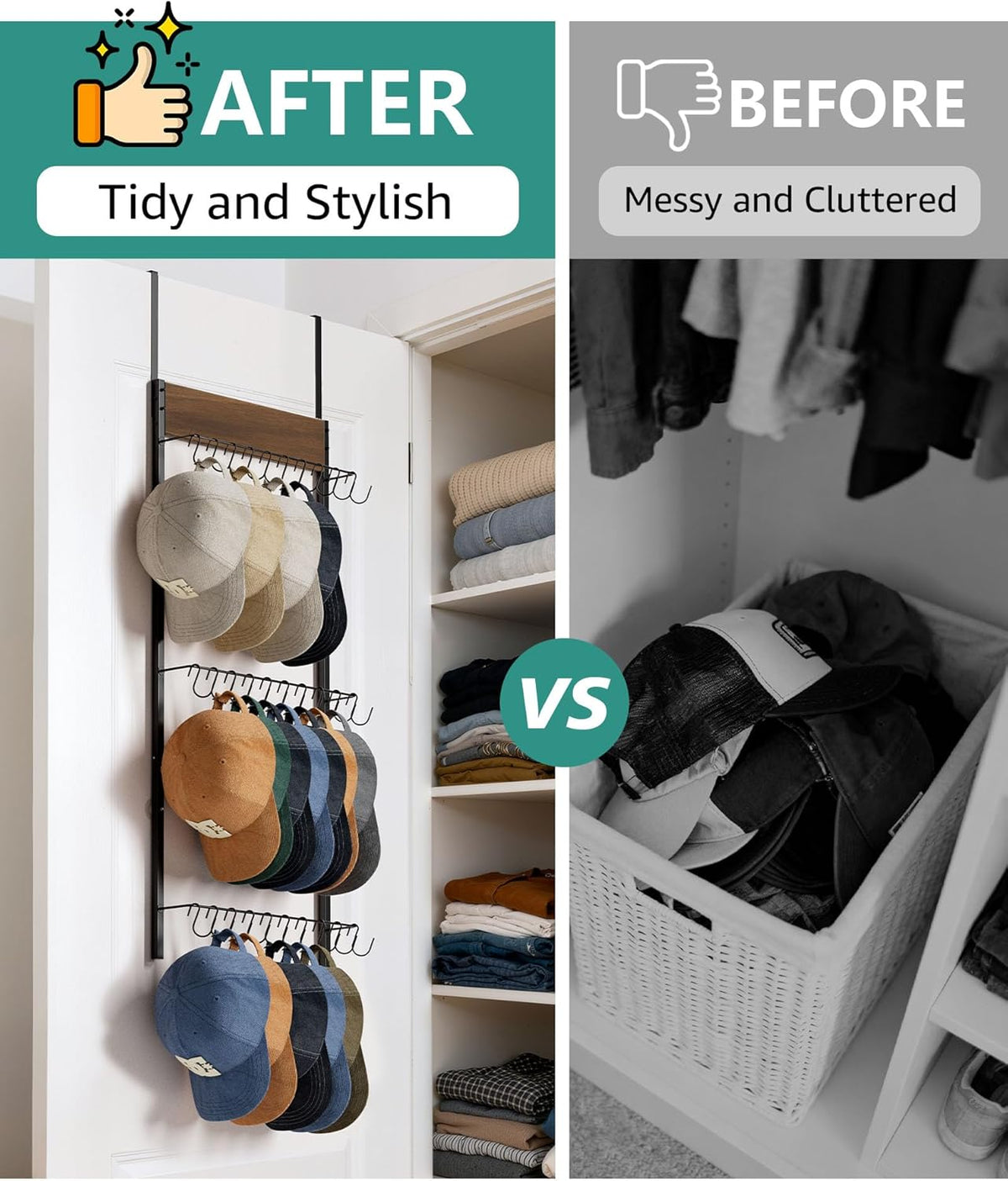 FANGSUN Over the Door Hat Organizer with 30 Hooks, 3-Tier Hat Rack for Door