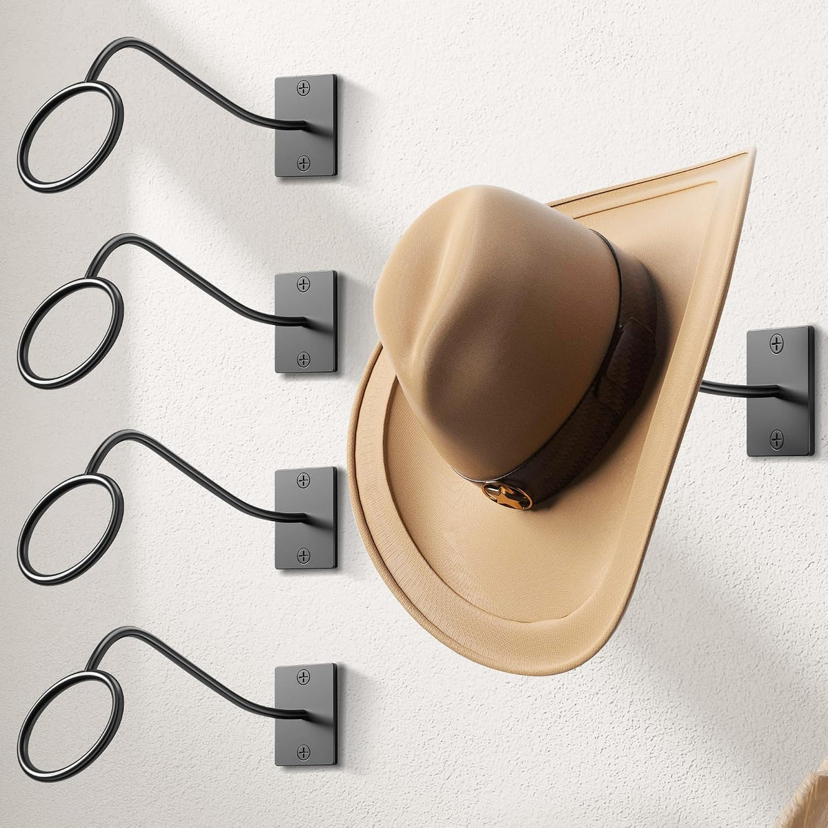 Cinati Cowboy Hat Rack for Wall, 4 Pack Cowboy Hat Holder Wall Mount, Western Rustic Metal Cowboy Hat Hanger, Hat Hooks for Cowboy Hat, Fedora, Sun Hats,Wide Brim Hat Organizer