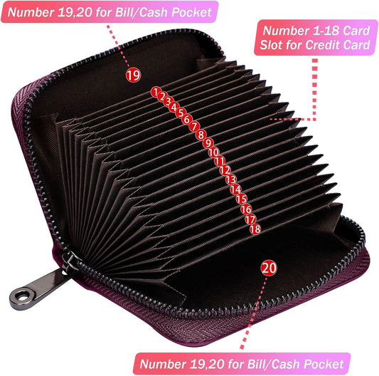 Linno RFID 20 Slots Credit Card Holder Genuine Leather Small Wallet for Women or Men with Zipper