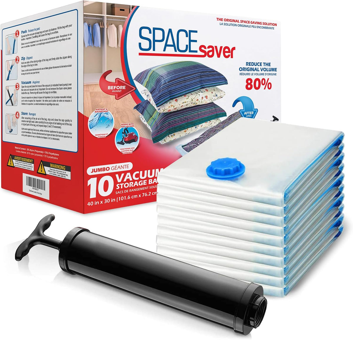 Spacesaver Vacuum Storage Bags with Hand Pump, Jumbo, 10 Pack