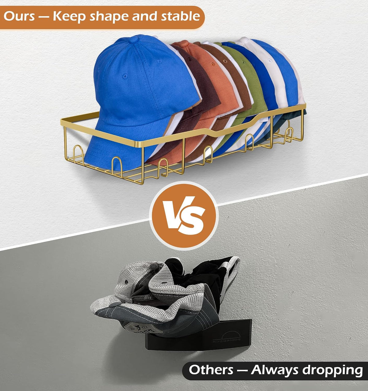 KEETDY Metal Hat Organizer for Baseball Caps Wall Hat Rack Fit 48 Caps Holder, 2 Packs Sturdy Wall Mounted Hat Storage Organizer, Gold