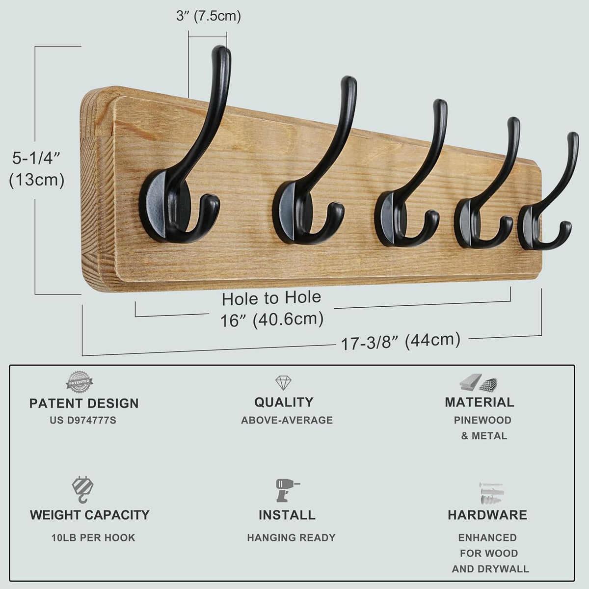 Dseap Wall Mounted Coat Rack: Patented, Heavy-Duty, 17.4" Long 5-Double-Hooks Wooden Hanger Rail for Winter Coats, Hat, Jacket, Clothing - Natural & Black