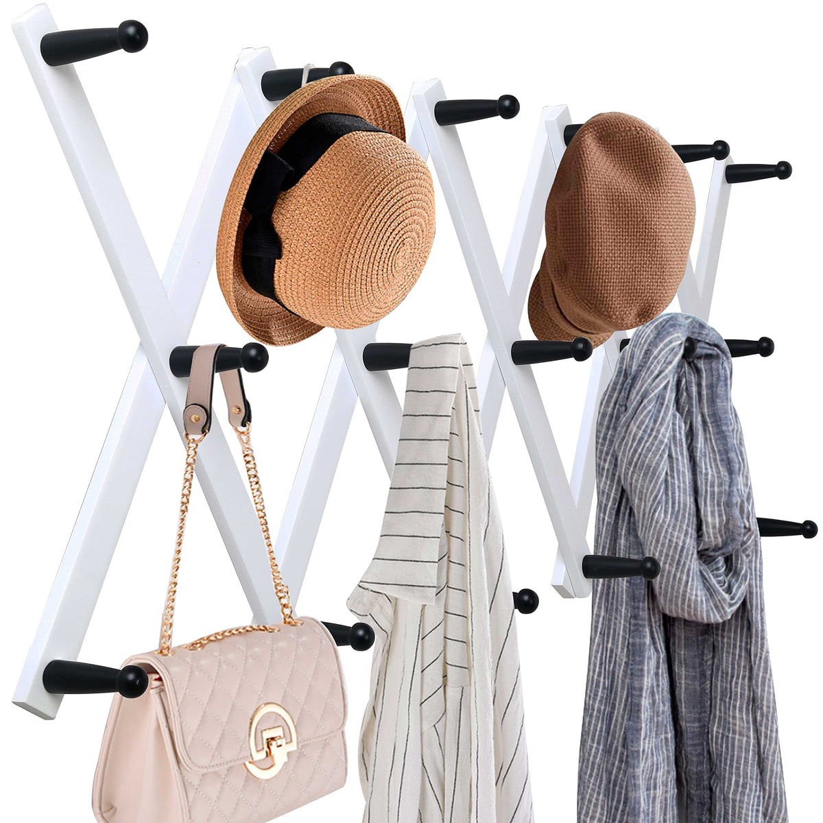 WEBI Accordion Wall Hanger, Wooden Coat Rack Wall Mounted, Hat & Cap Hook Rack, 16 Peg Hooks, Walnut Color
