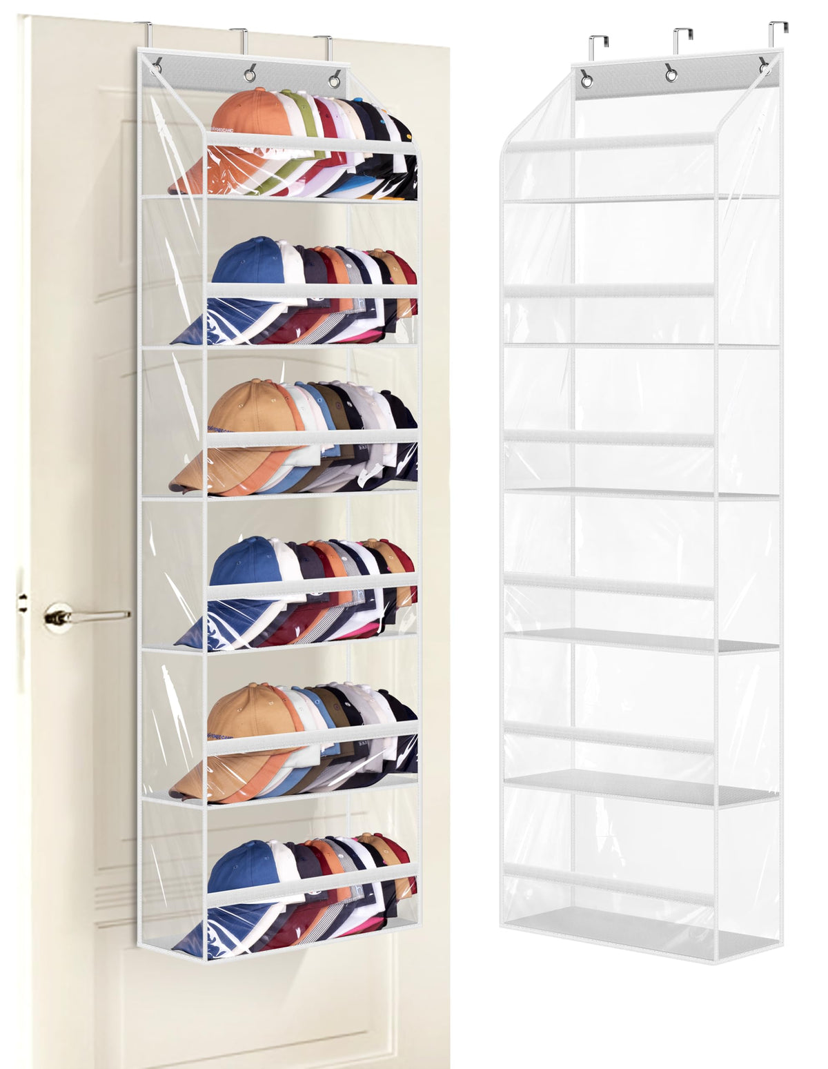 AOODA Clear Over The Door Hat Racks for Baseball Caps, Large Holds up to 72 Caps Hat Storage Organizer for Closet Wall, Deep Pockets Hanging Hat Holder with 3 Hooks, Black