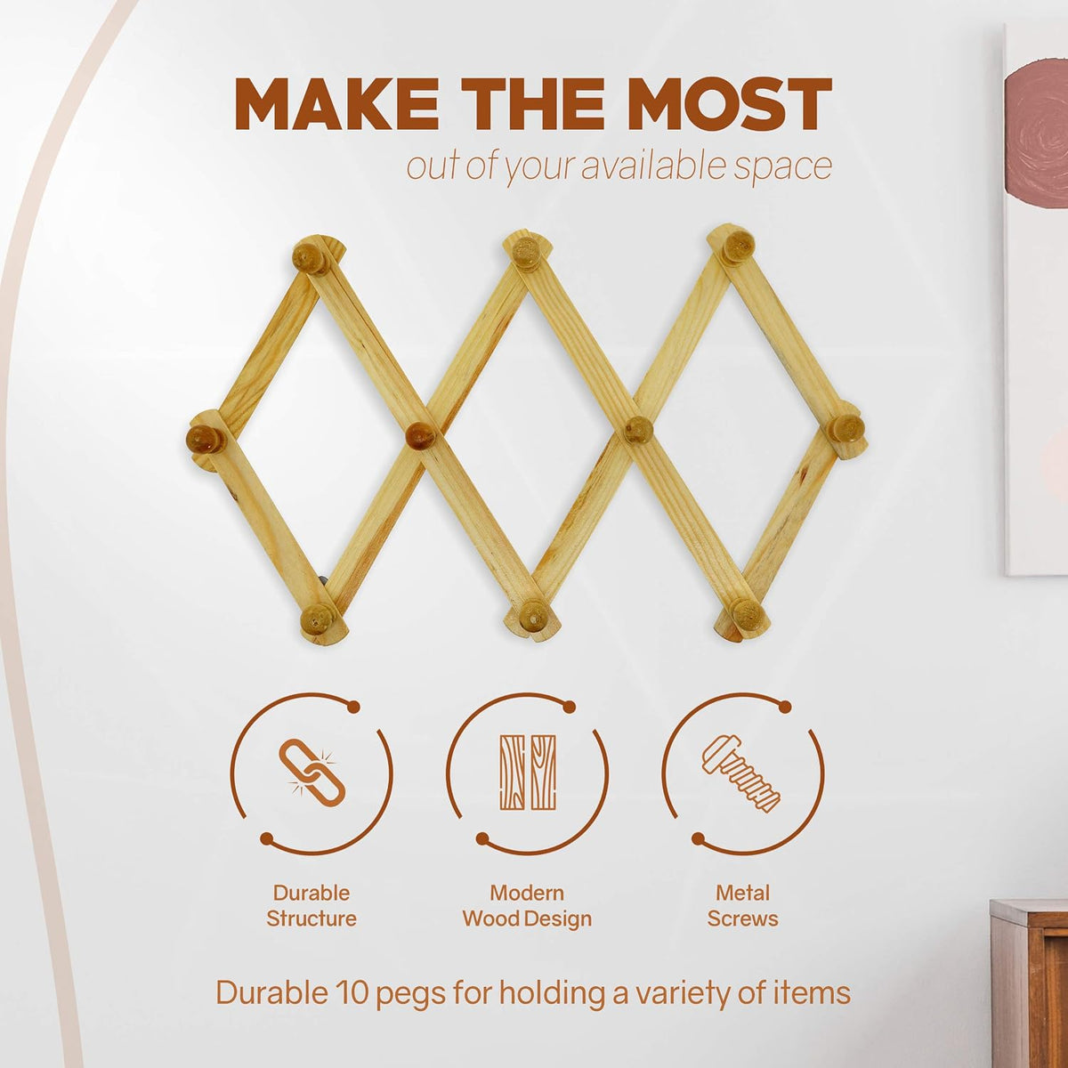 RamPro Accordion Style Wood Expandable Rack Hat, Cap, Belt, Umbrella Coffee Mug Wall wooden Pegs (Set of 2)