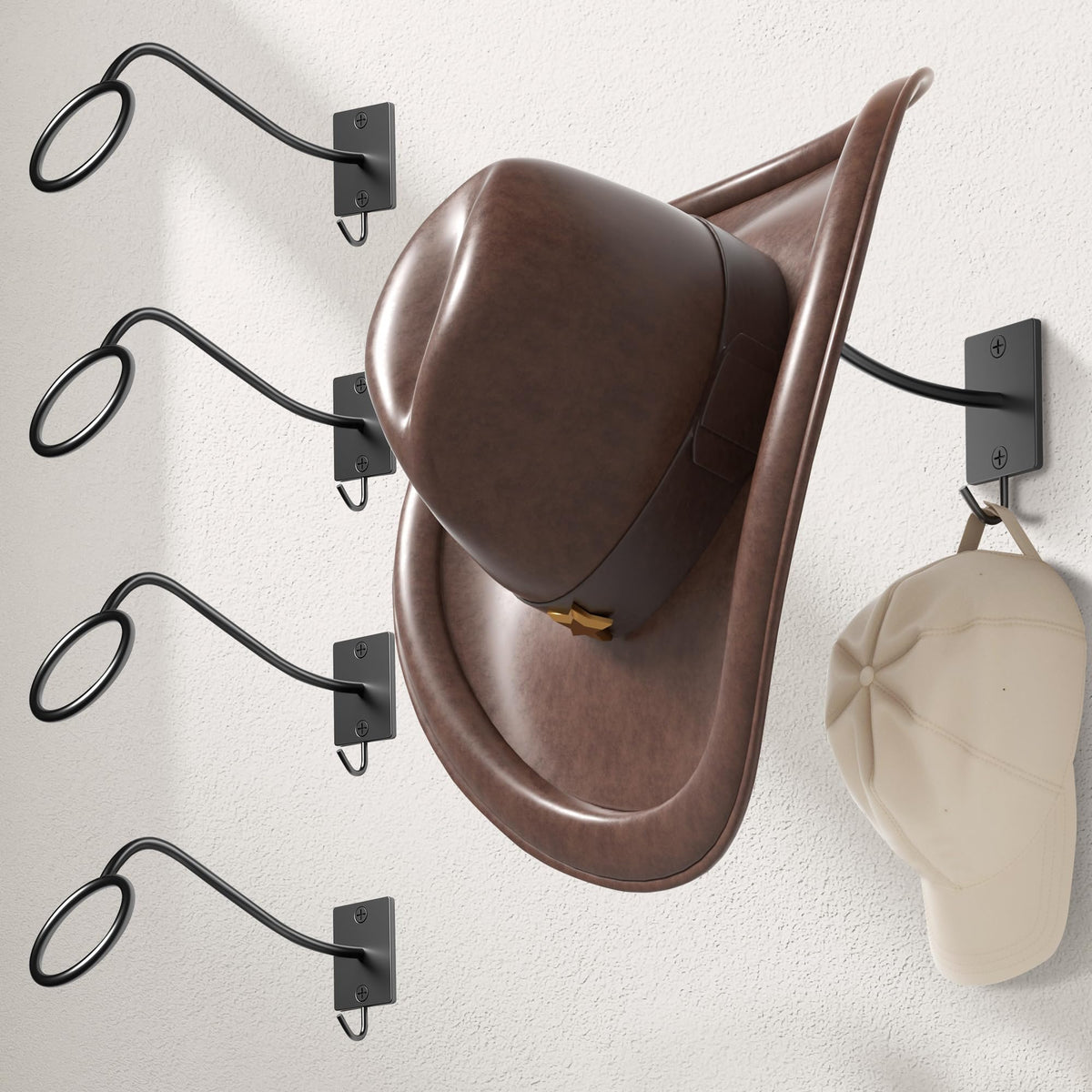 Cinati Cowboy Hat Rack for Wall, 4 Pack Cowboy Hat Holder Wall Mount, Western Rustic Metal Cowboy Hat Hanger, Hat Hooks for Cowboy Hat, Fedora, Sun Hats,Wide Brim Hat Organizer